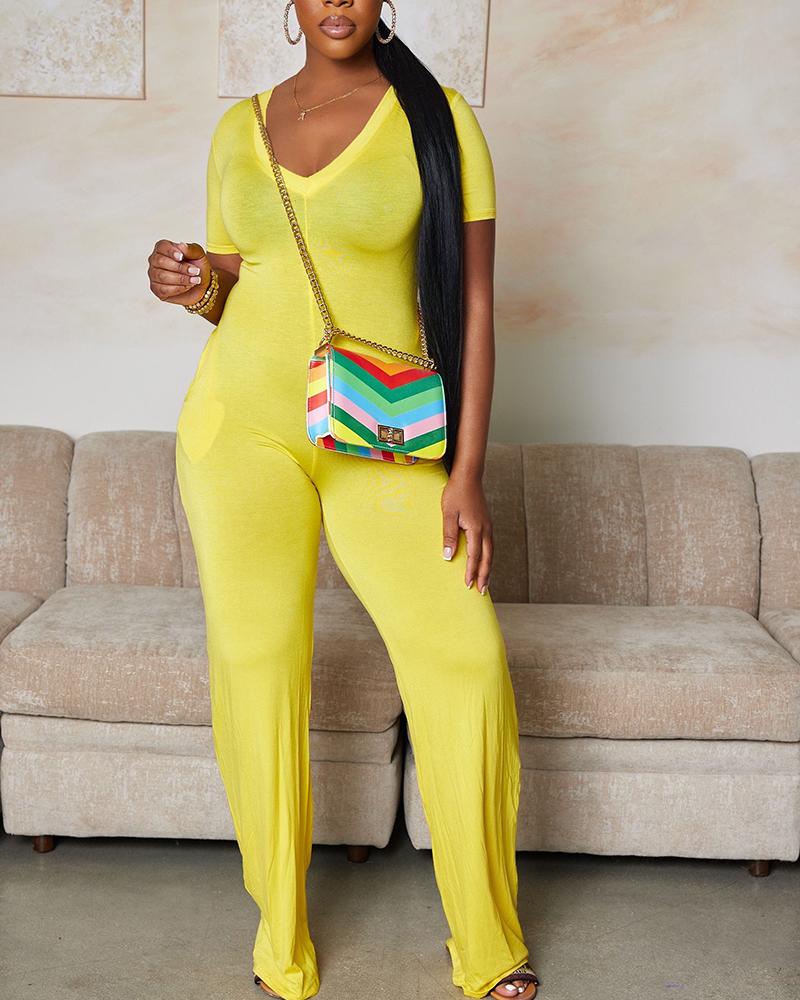 

V-Neck Short Sleeve Jumpsuit, Yellow