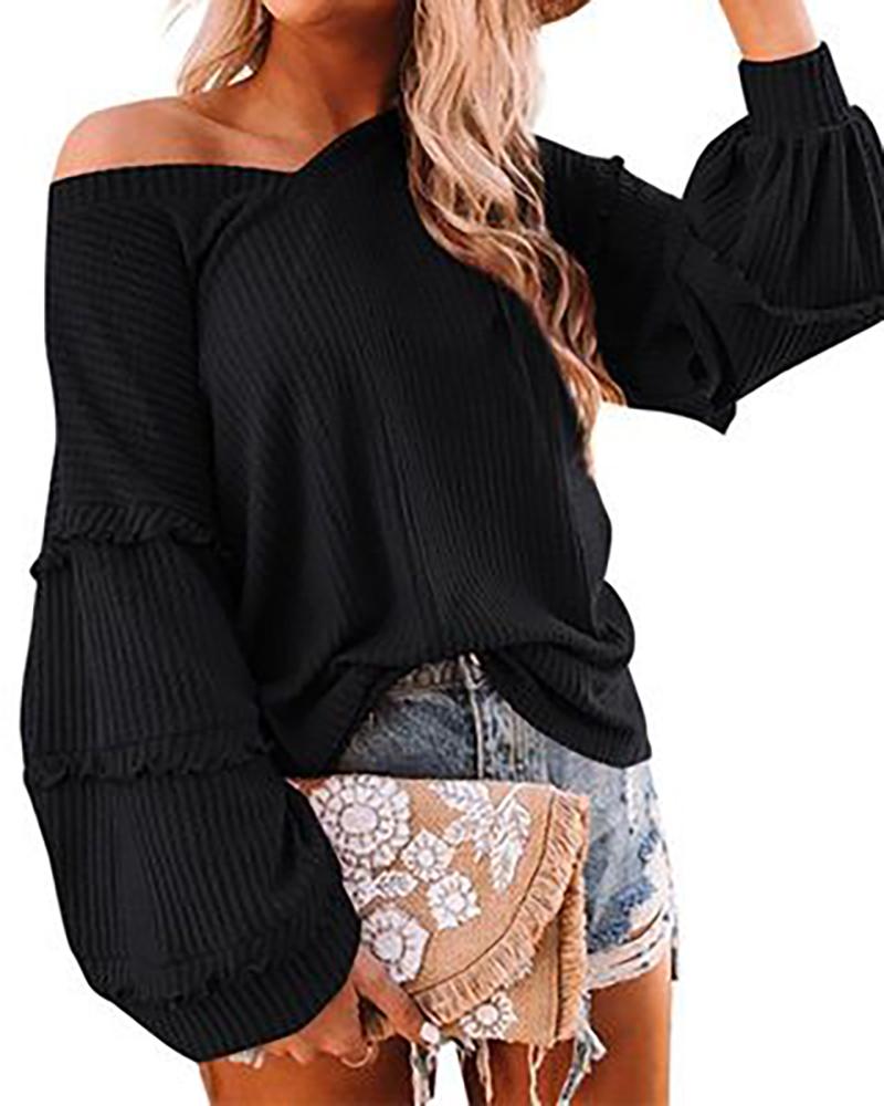 

Frill Hem Long Sleeve Waffle Knit Sweatshirt, Black