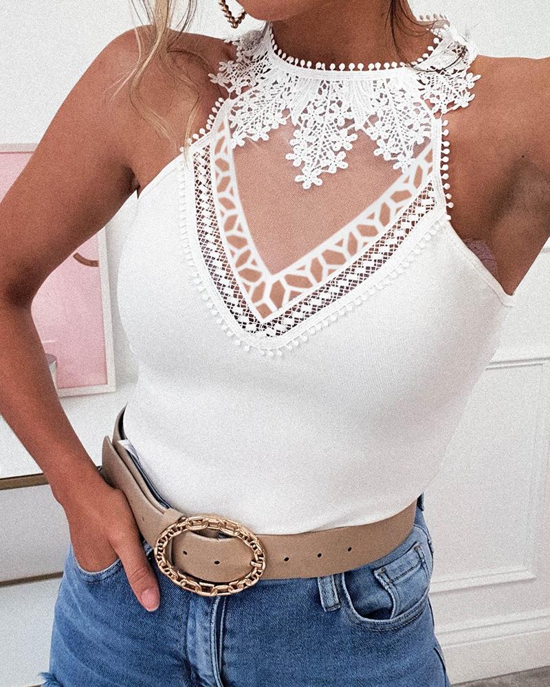 

Halter Lace Mesh Sleeveless Top, White
