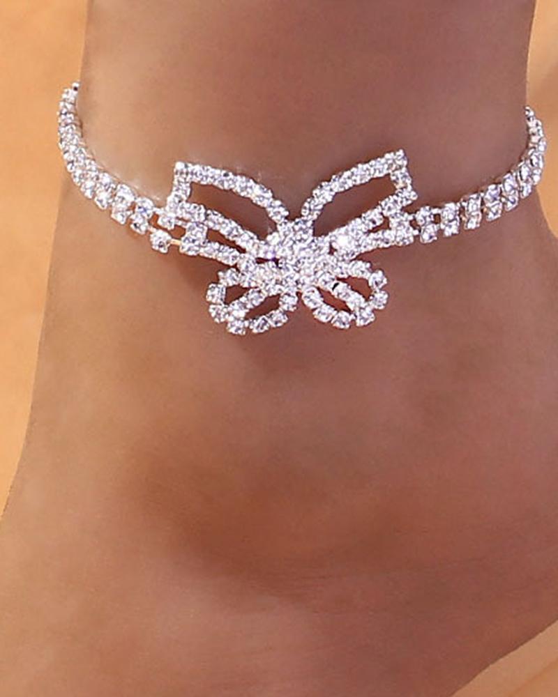 

1pcs Allover Rhinestone Big Butterfly Pattern Chain Anklet, Silver