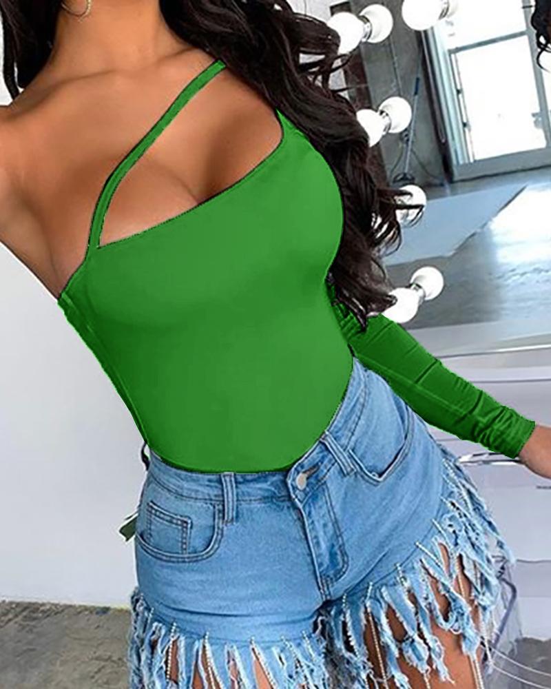 

One Shoulder Solid Slim Bodysuit, Green