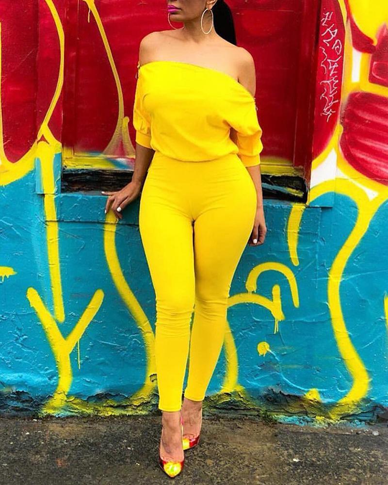 

Summer Solid Color One Shoulder Jumpsuits, Yellow