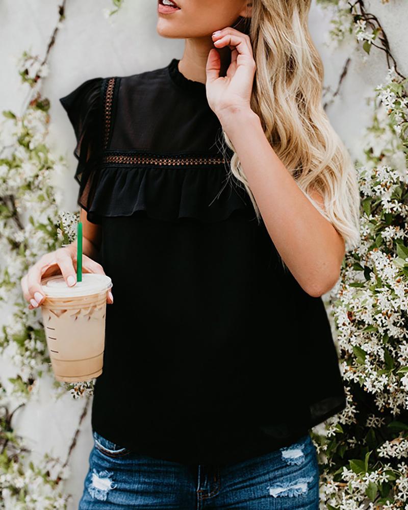 

Plain Sleeveless Frill Hem Hollow Out Top, Black