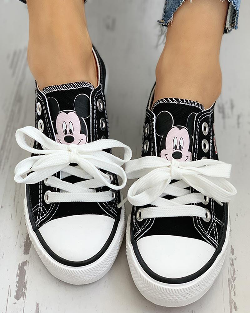 

Cartoon Pattern Eyelet Lace-up Breathable Casual Sneakers, Black
