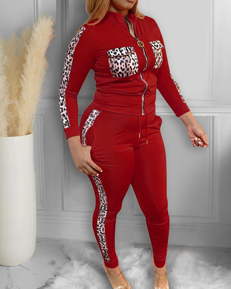 

Plus Size Cheetah Print Colorblock Top & Drawstring Pants Set, Red