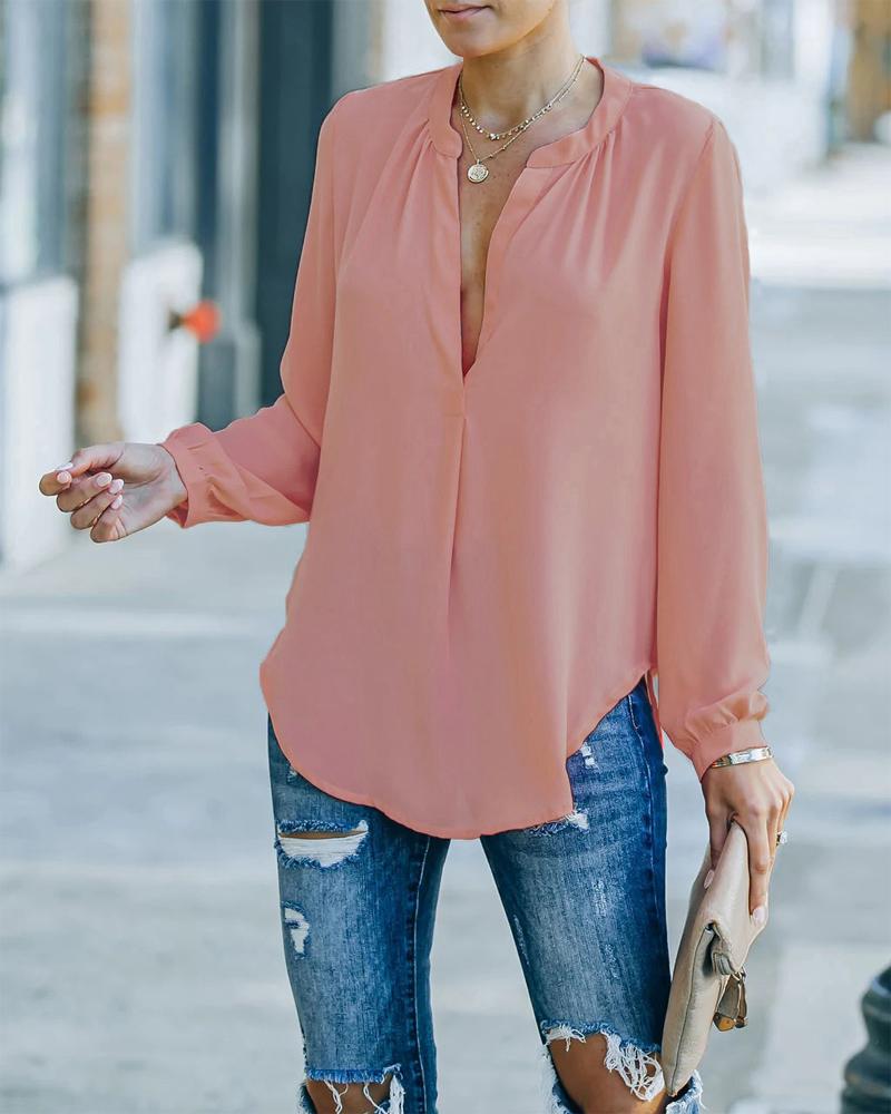 

Plain Curved Hem Long Sleeve Top, Pink
