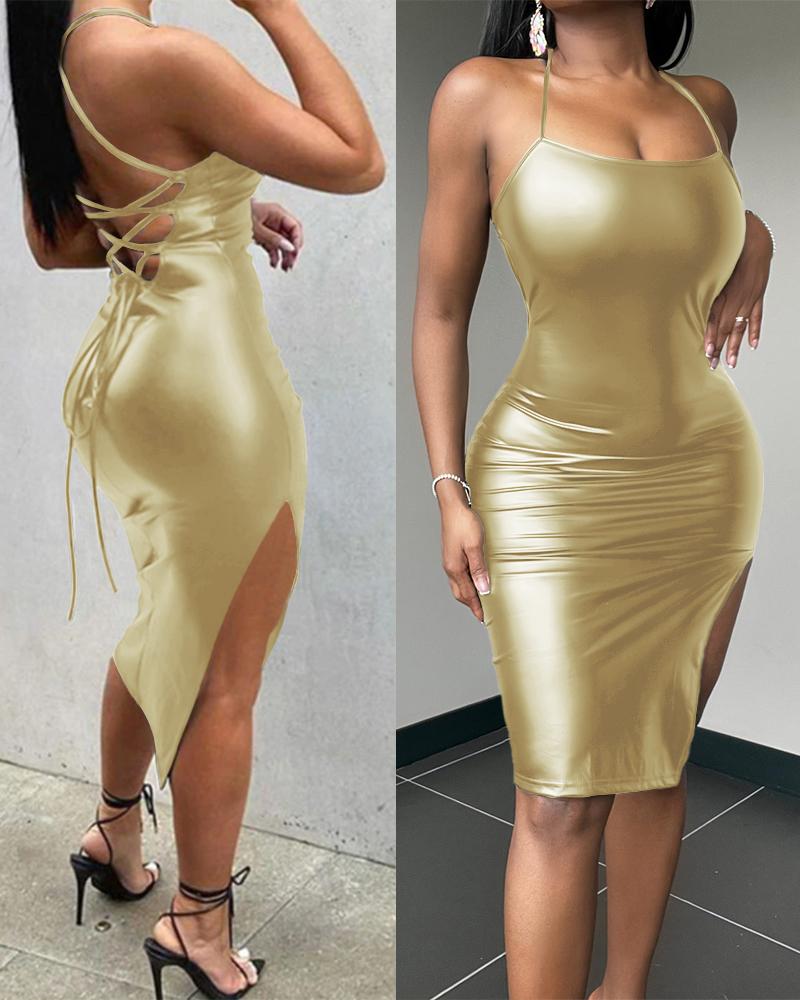 

Backless Slit PU Leather Bodycon Dress, Gold