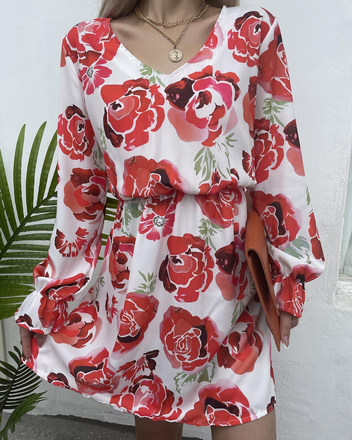 

Floral Print Puff Lantern Sleeve V Neck Dress, Style2