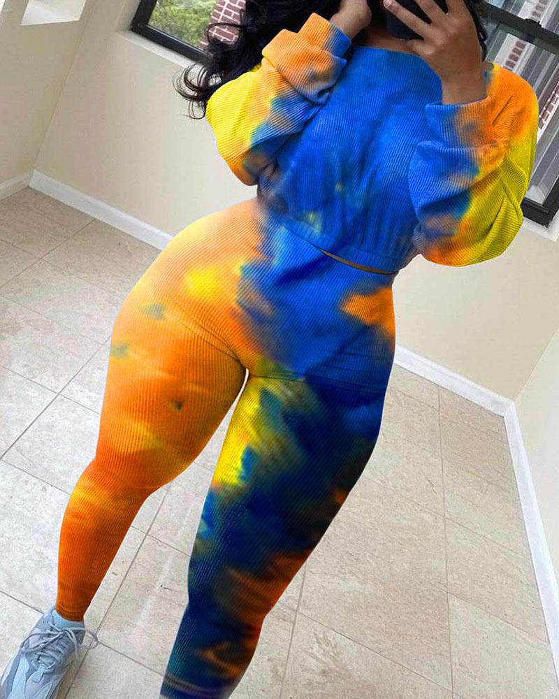 

Tie Dye Print Long Sleeve Top & Pants Set, Dark blue