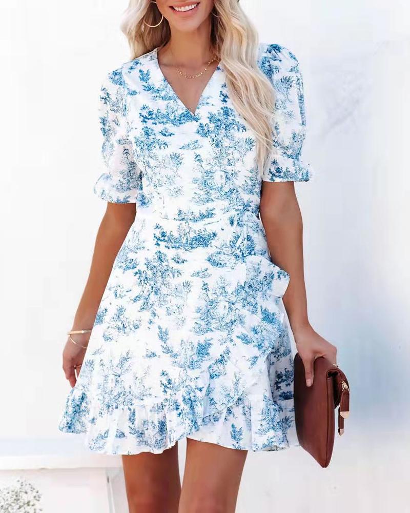 

Landscape Print Puff Sleeve Ruffle Hem Wrap Dress, Blue