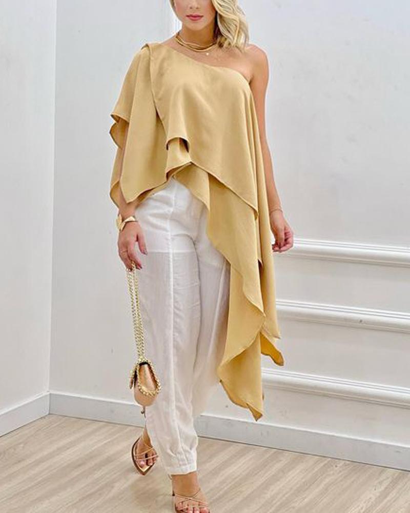 

Asymmetrical Hem One Shoulder Top, Khaki