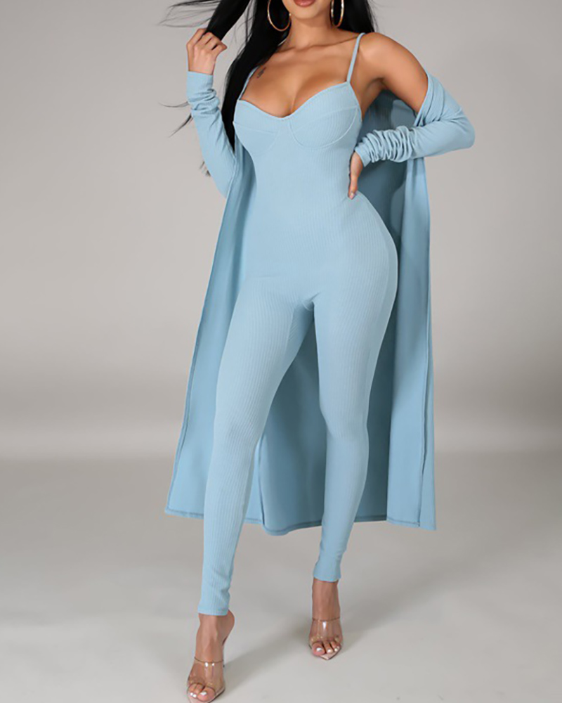 

Spaghetti Strap Jumpsuit & Long Sleeve Longline Cardigan Set, Blue