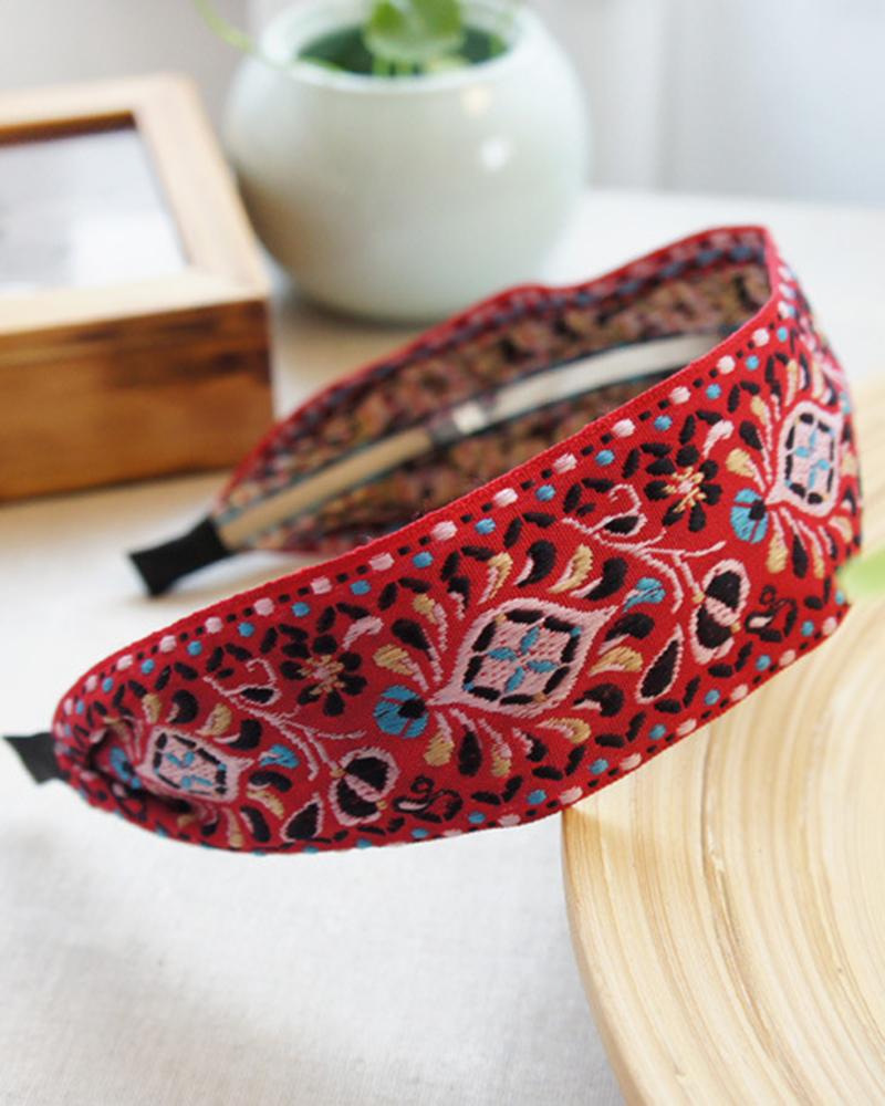 

1pc Bohemian Tribal Floral Embroidery Headband, Red