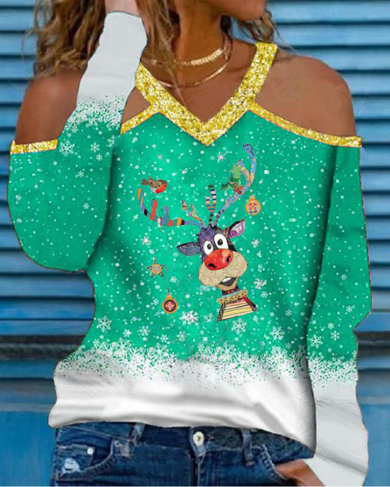 

Christmas Cartoon Elk Snowflake Print Cold Shoulder Top, Green