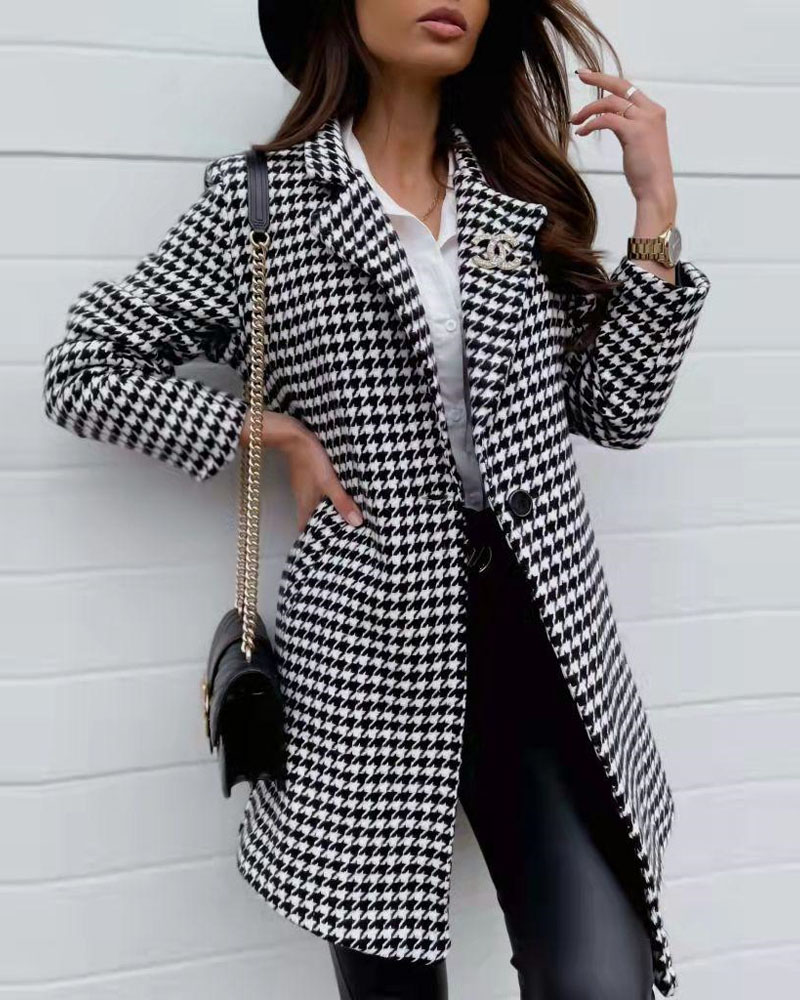 

Houndstooth Print Single Button Blazer Coat, Black