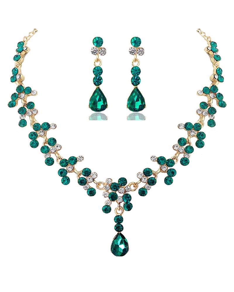 

Rhinestone Drop Earrings & Pendant Necklace Jewelry Set, Green