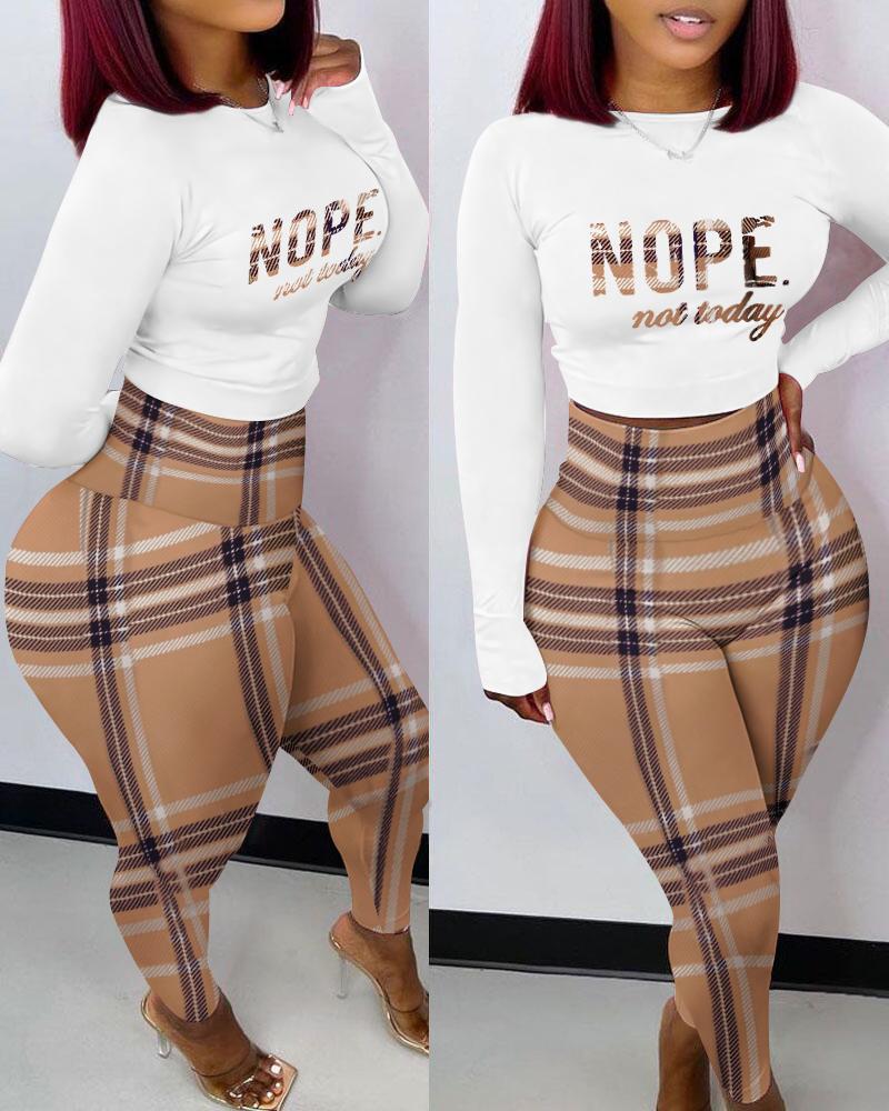 

Letter Print Crop Top & High Waist Plaid Pants Set, Khaki
