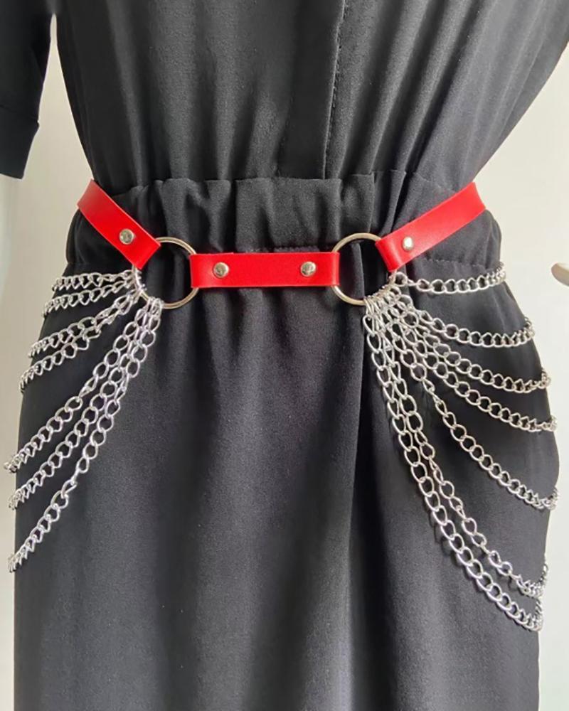 

O-Ring Layered Chain Decor PU Leather Belt, Red