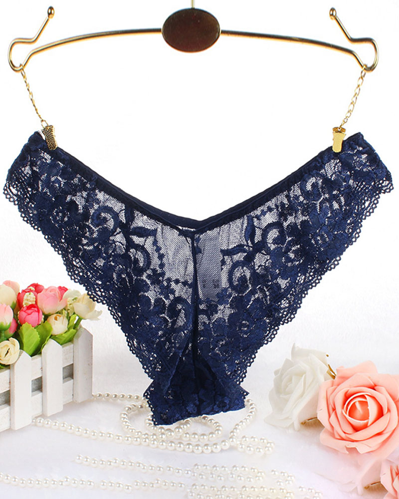 

Crochet Lace Mesh Thong Panty, Dark blue
