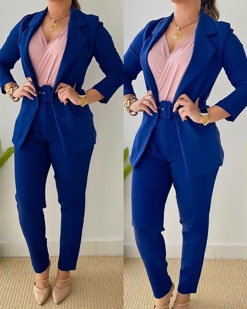 

Turn-down Collar Buttoned Blazer Coat & Belted Pants Set, Blue