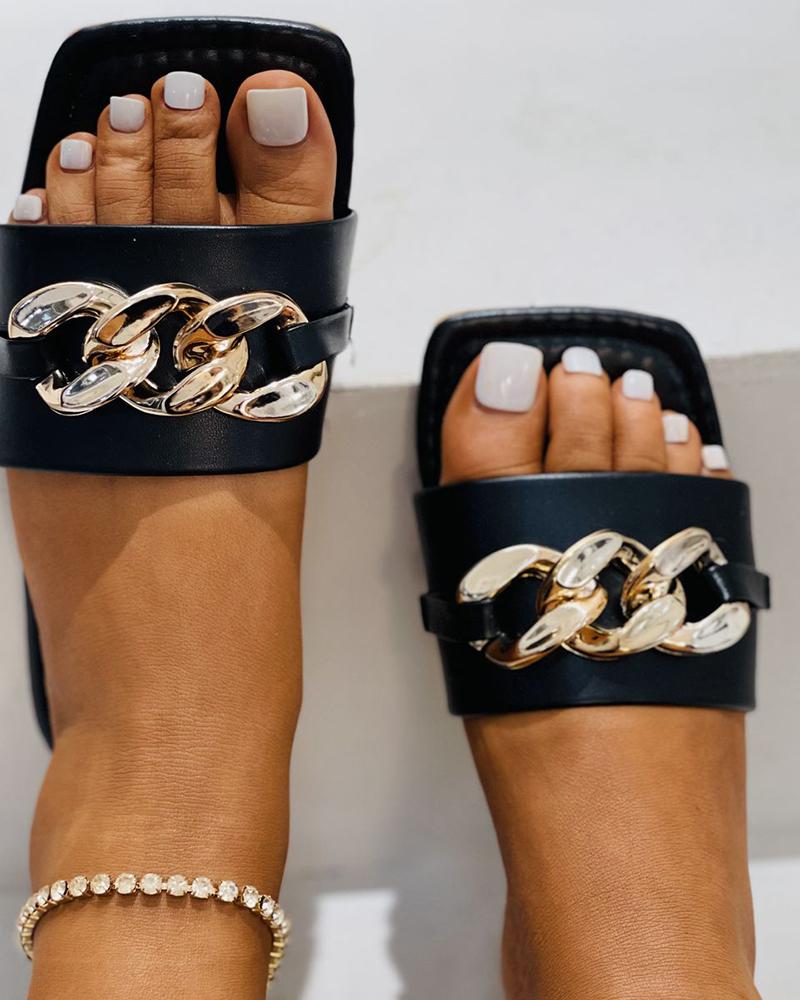 

Chain Decor Square Toe Flat Sandals, Black