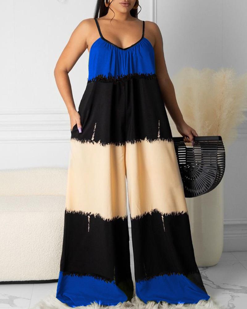 

Plus Size Colorblock Pocket Design Ruched Wide Leg Jumpsuit, Dark blue