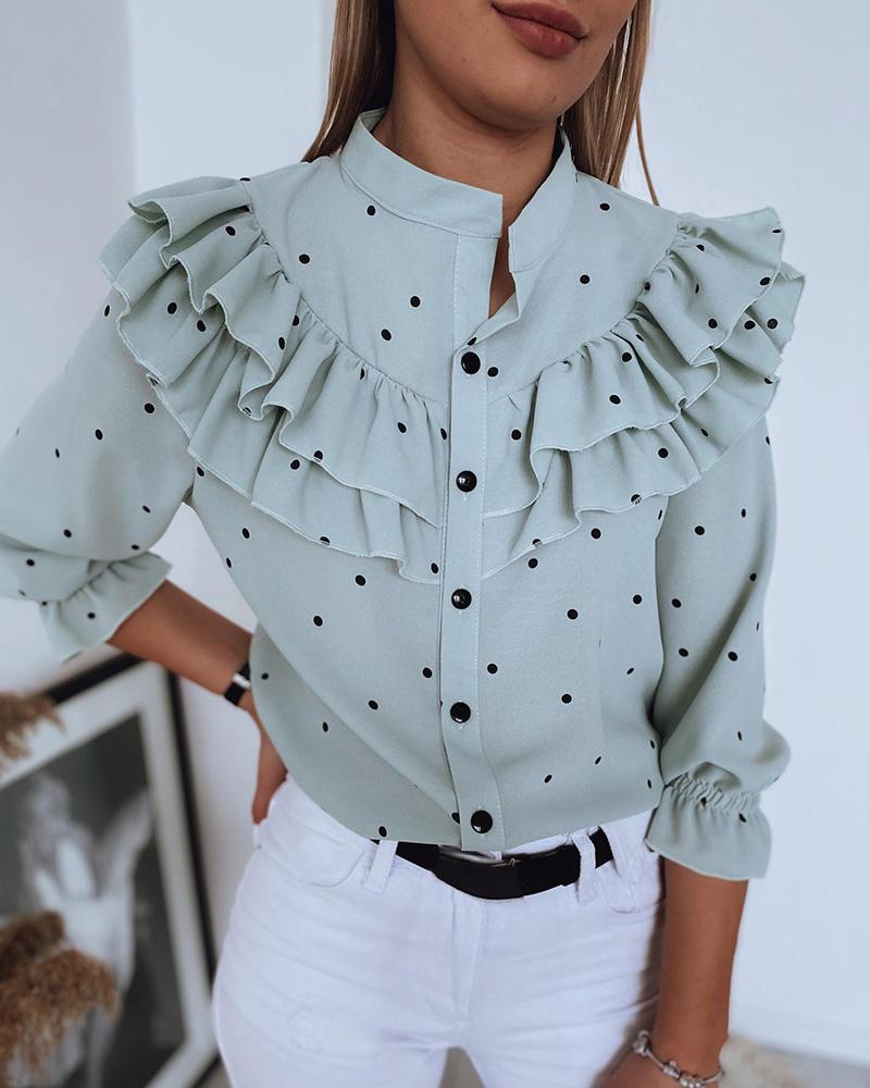 

Polkadot Print Layered Ruffles Button Front Top, Green