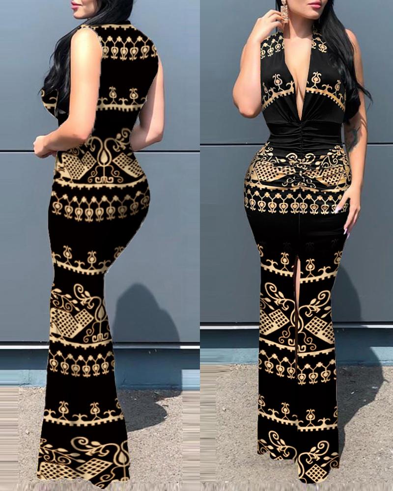 

Plunge Baroque Print Slit Party Dress, Black