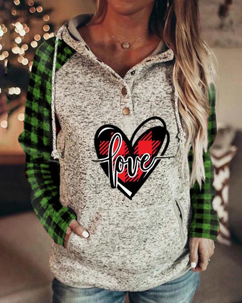 

Valentine' Day Heart Letter Plaid Print Hooded Sweatshirt, Green