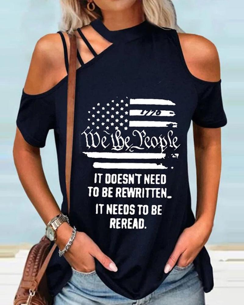 

Independence Day Flag Slogan Print Cold Shoulder Top, Black