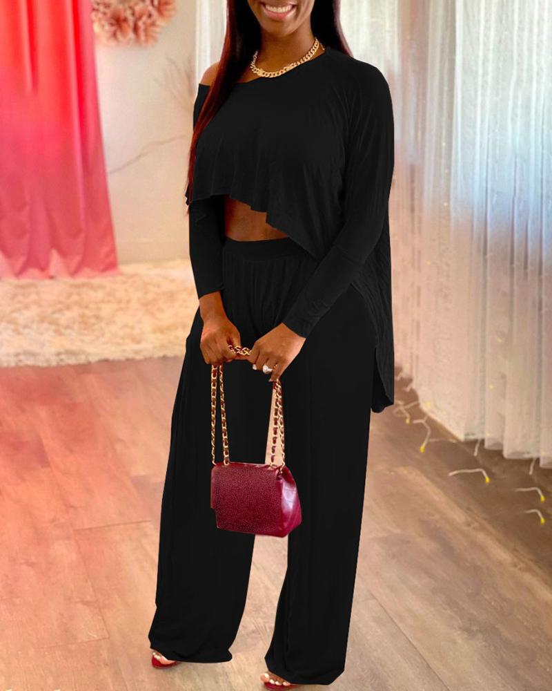 

One Shoulder Dip Hem Top & High Waist Pants Set, Black