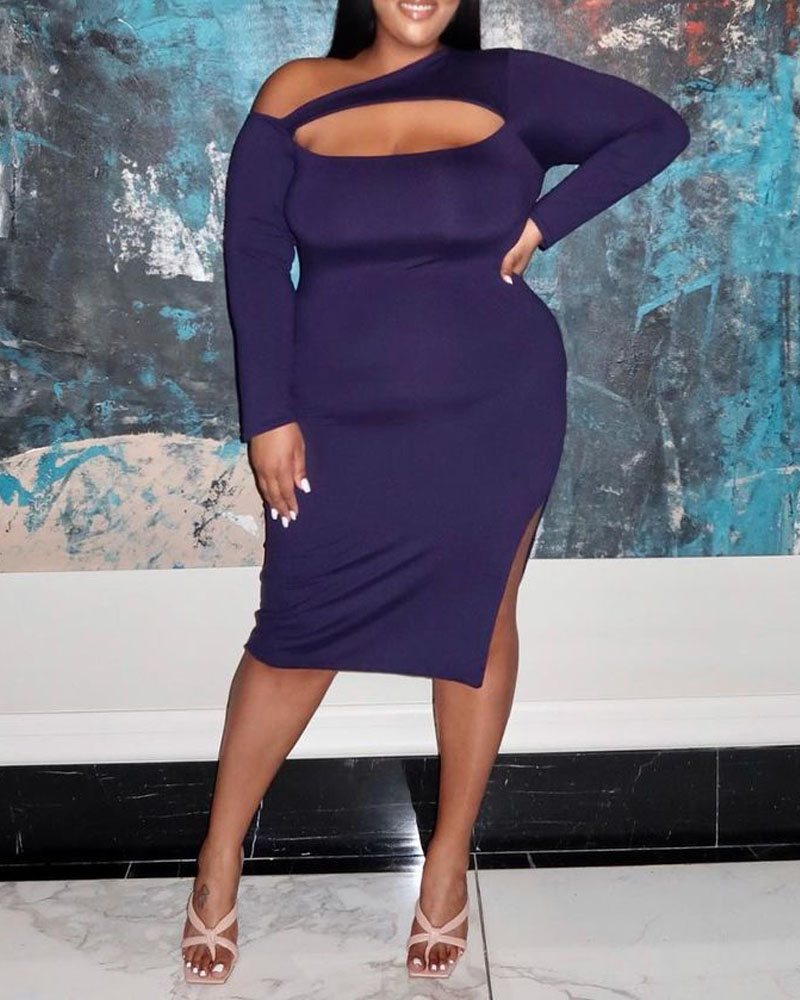 

Plus Size Cold Shoulder Cutout High Slit Bodycon Dress, Purplish blue