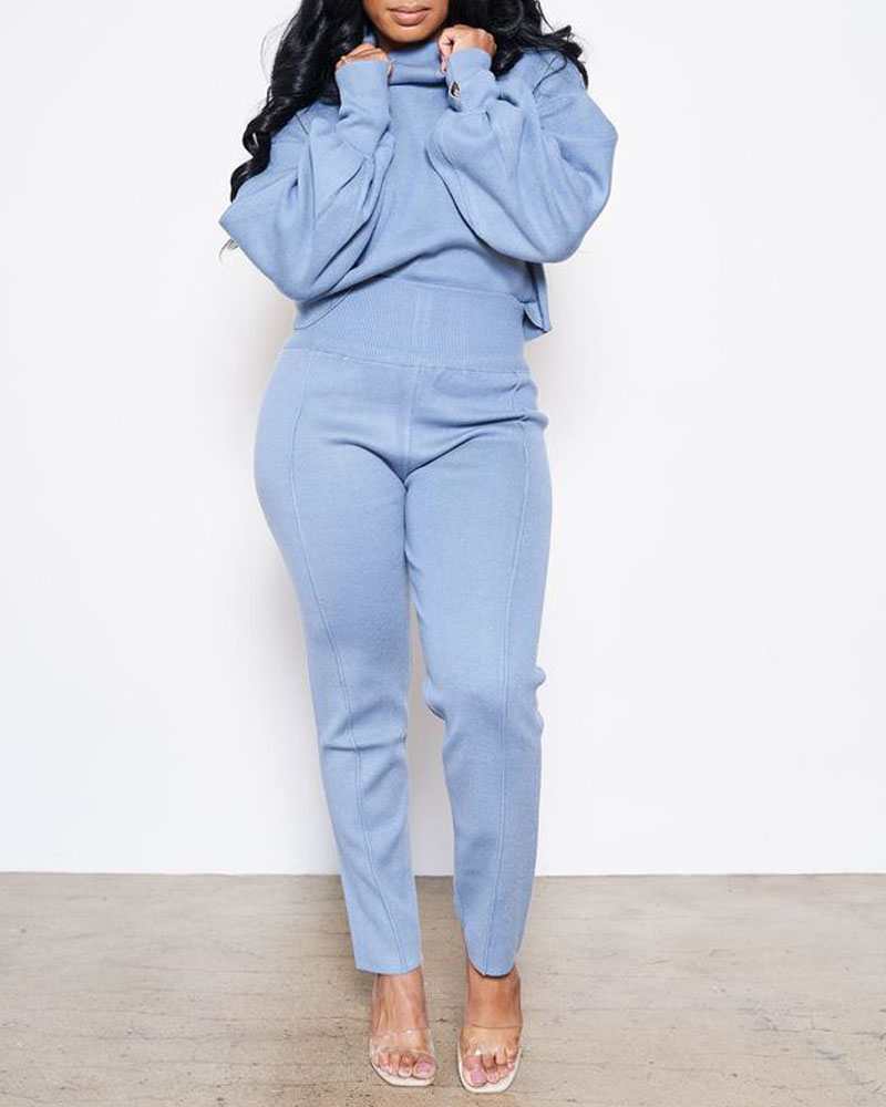 

Lantern Sleeve High Neck Top & High Waist Pants Set, Blue