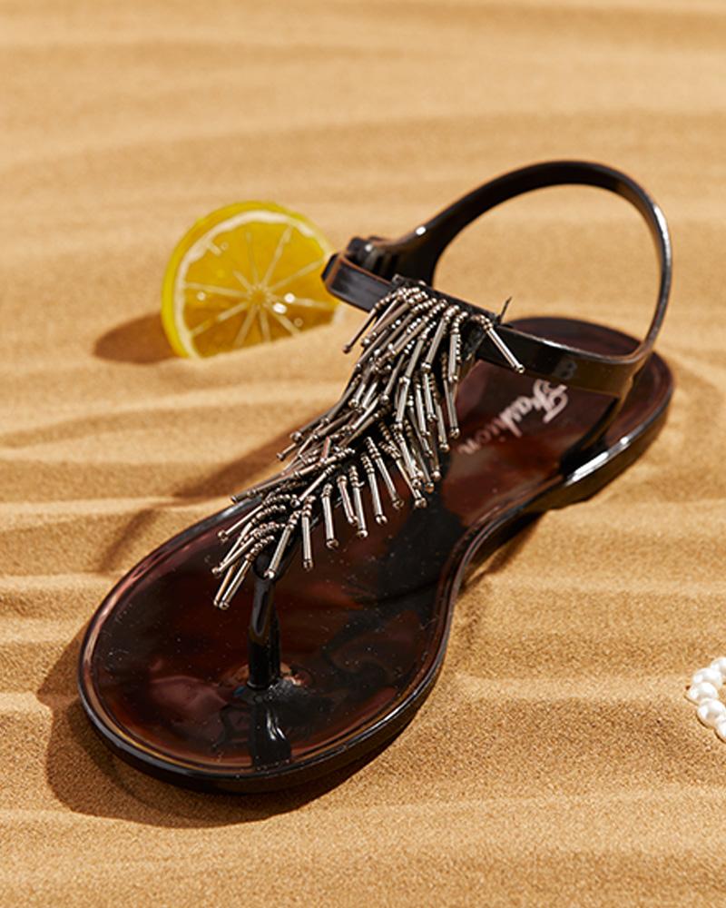 

Toe Post Colorful / Metal Tassel Beaded Flat Sandals, Silver