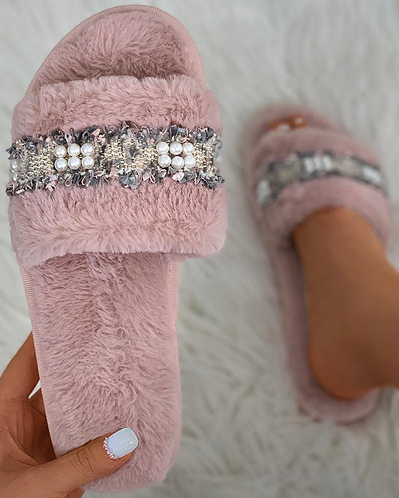 

Fringe Beaded Fluffy Slippers, Pink