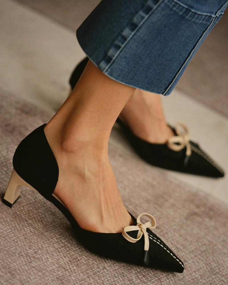 

Suede Bowknot Front Pointed Toe Chunky Heels, Black