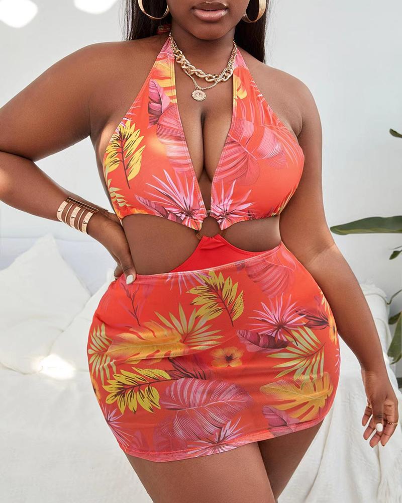 

2PCS Plus Size Tropical Print One Piece Swimsuit With Cover Up, Red