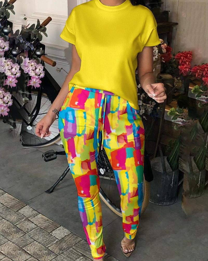 

Casual Top & Allover Print Drawstring Pants Set, Yellow