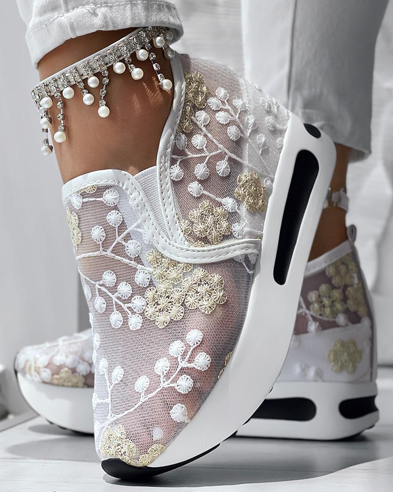 

Floral Embroidery Sheer Mesh Sneakers, Apricot