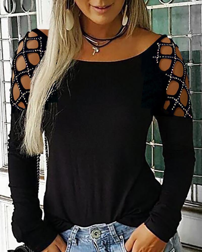 

Plus Size Rhinestone Decor Cold Shoulder Top, Black