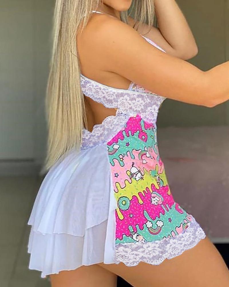 

Crochet Lace Cartoon Print Backless Babydoll, White