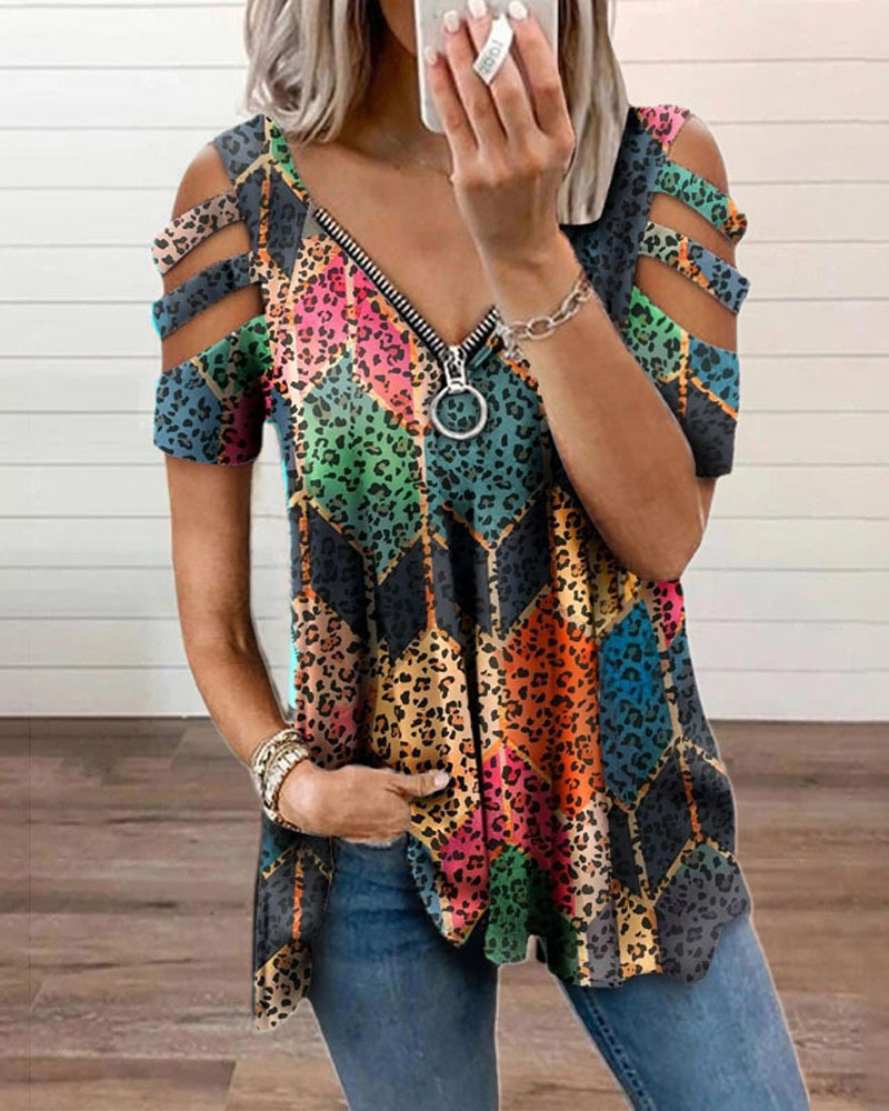

Feather Floral Print Zip Front Cold Shoulder Top, Style4