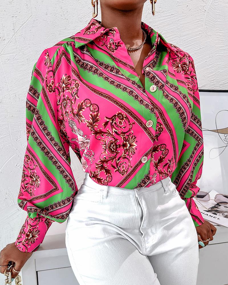 

Scarf Baroque Print Button Down Shirt, Hot pink