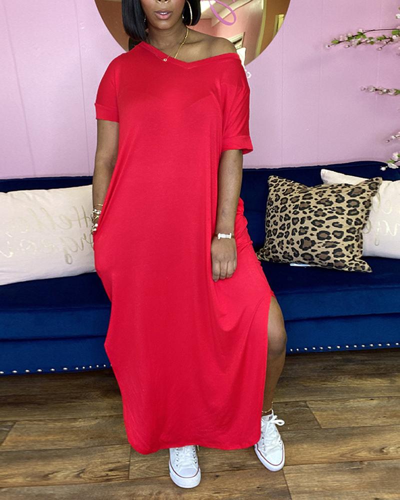 

V-Neck Pocket Design Split Hem Casual Dress, Red