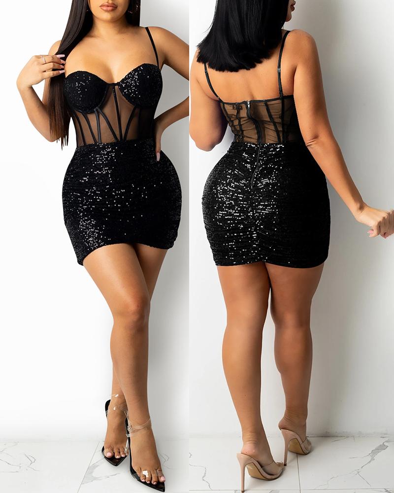 

Sheer Mesh Patch Asymmetrical Ruched Sequins Dress, Black