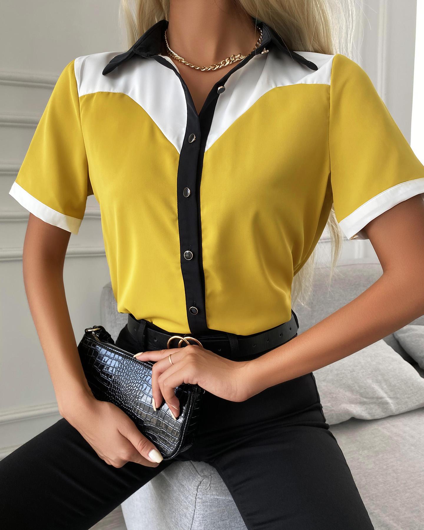 

Button Front Colorblock Short Sleeve Shirt, Yellow