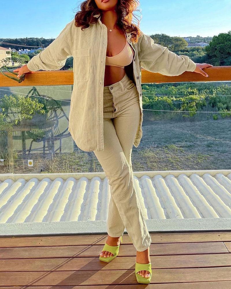 

Long Sleeve Button Down Corduroy Shacket & Pants Set, Apricot