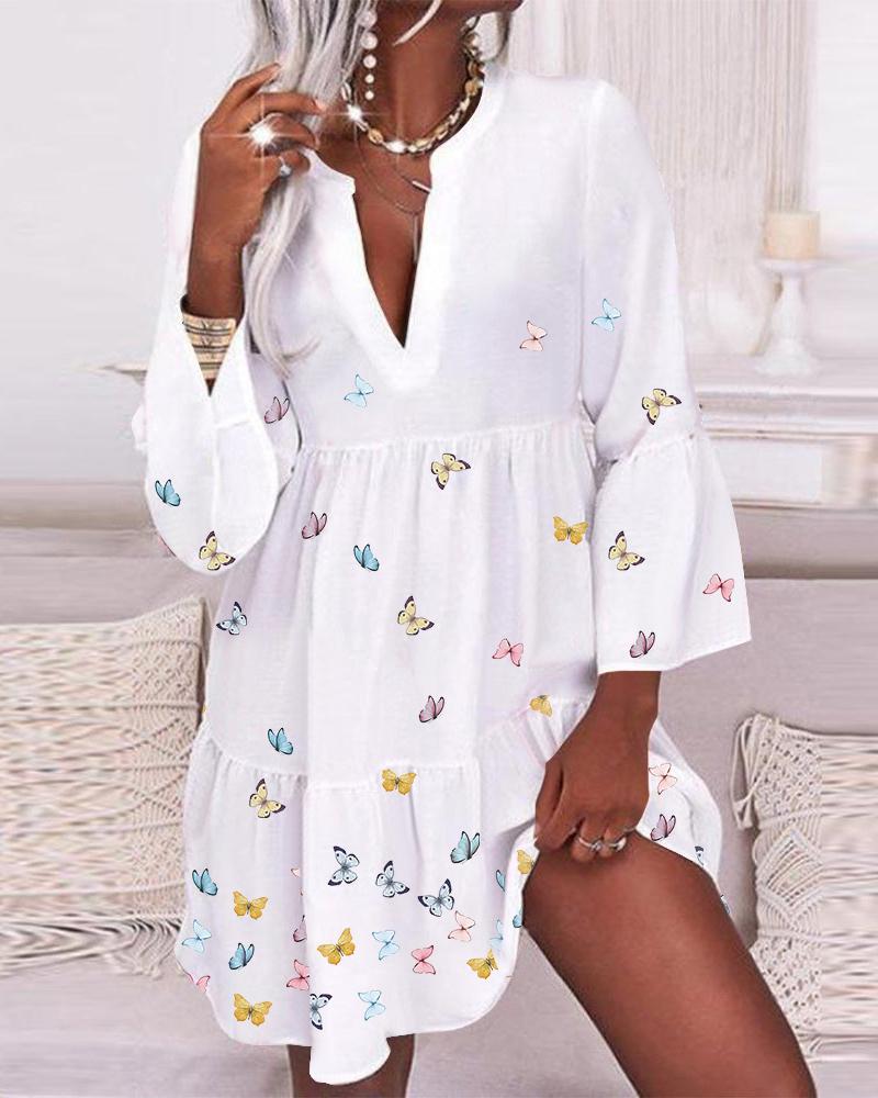 

Butterfly Print Bell Sleeve Flowy Swing Dress, White