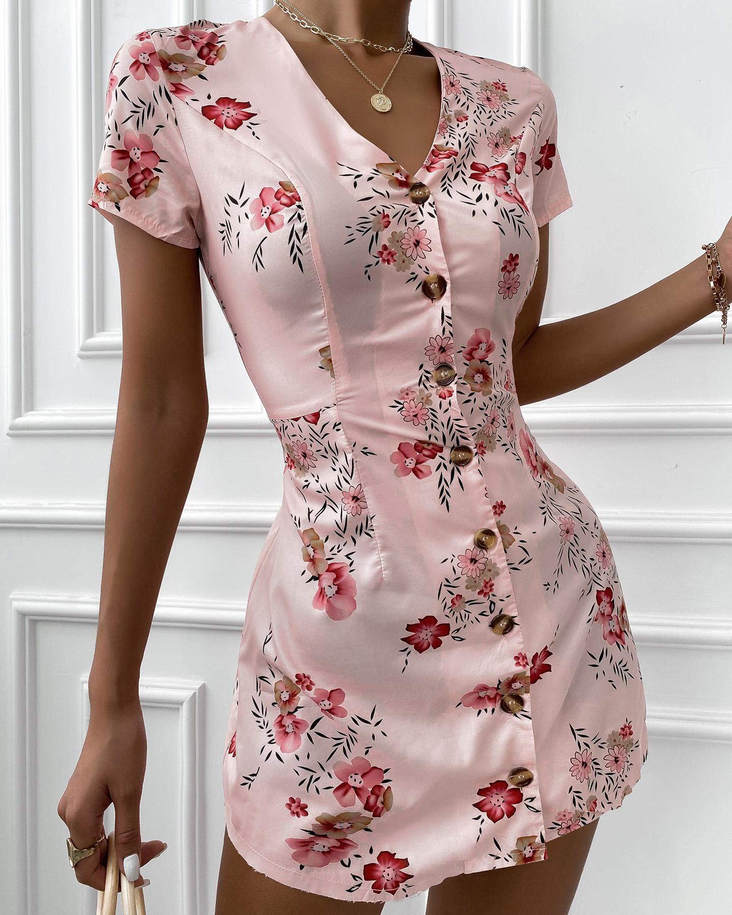 

Buttoned Floral Print Mini Dress, Apricot
