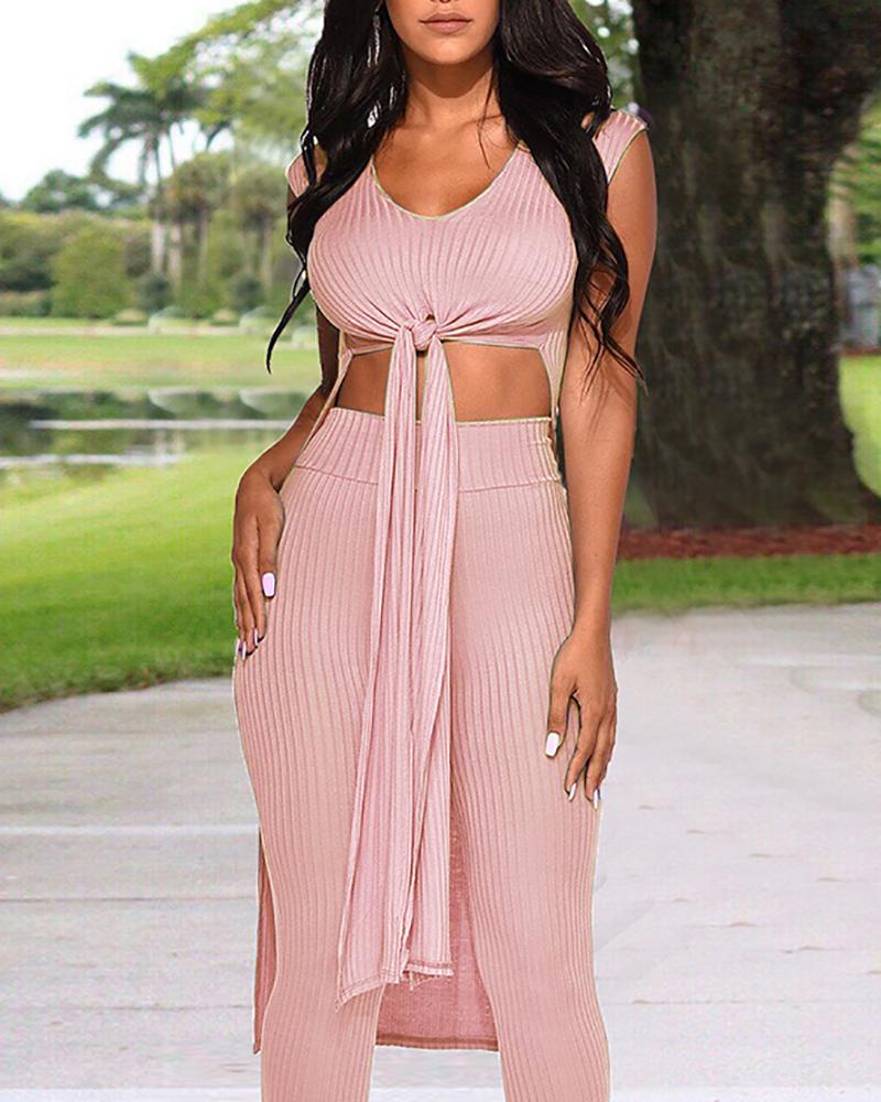 

Solid Sleeveless Knotted Front Top & Pant Sets, Pink